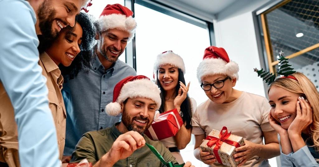 A cheerful office team exchanging presents in Santa hats – explore Festive Corporate Gifts for a joyful workplace celebration.